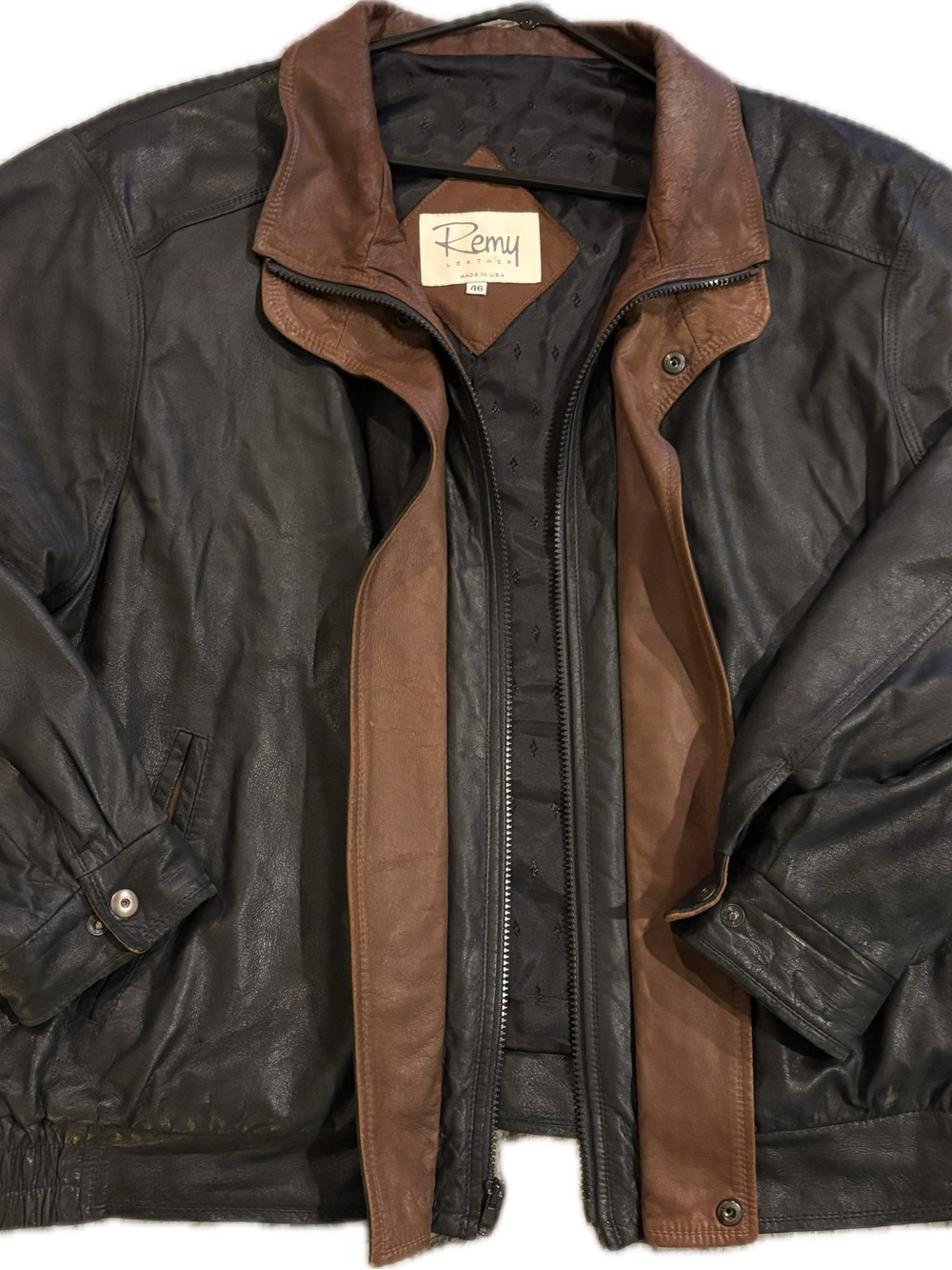 Remy Leather Bomber Jacket Black Brown Two-Tone Made in USA Size 46